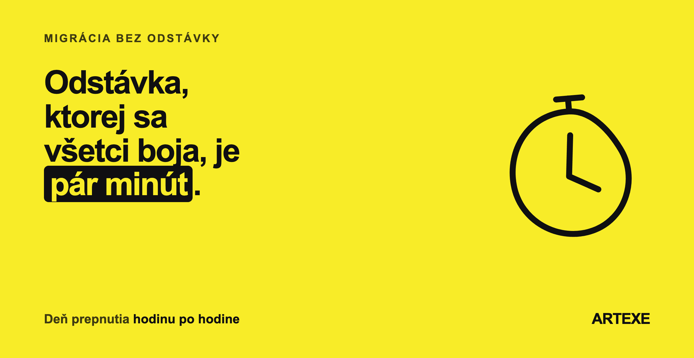 Časová os migrácie e-shopu v štyroch fázach: týždne pred prepnutím, keď starý e-shop stále predáva, hodina nula s vypnutím košíka a prepnutím domény, hodiny jedna až tri s overovaním, a prvý týždeň po prepnutí.
