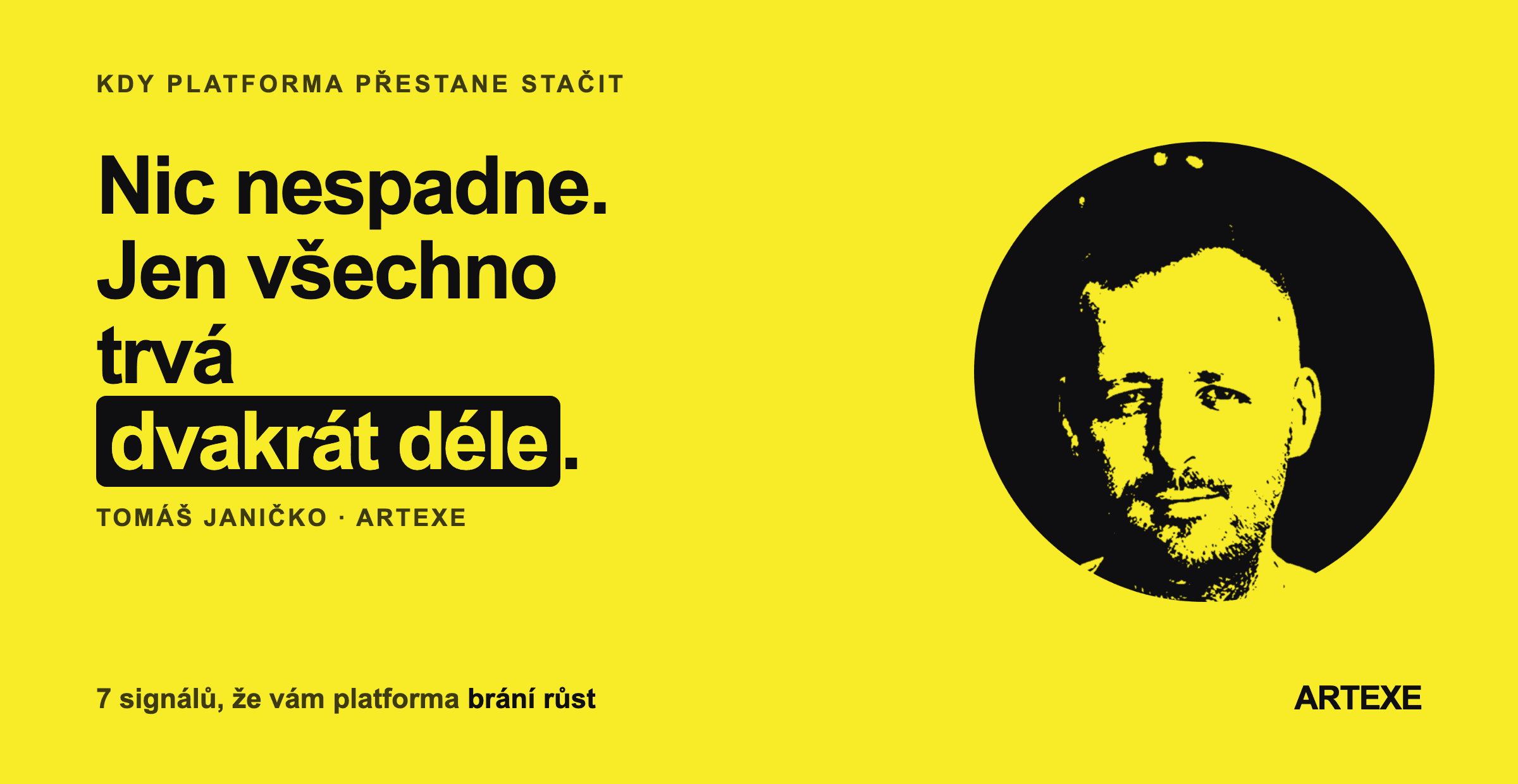 Sedm očíslovaných signálů, že e-shopová platforma brzdí růst — od ruční práce a placeného přístupu k vlastním datům po příplatky za doplňky — a závěrečná karta s verdiktem, že tři a víc signálů naráz znamenají strop v nástroji.